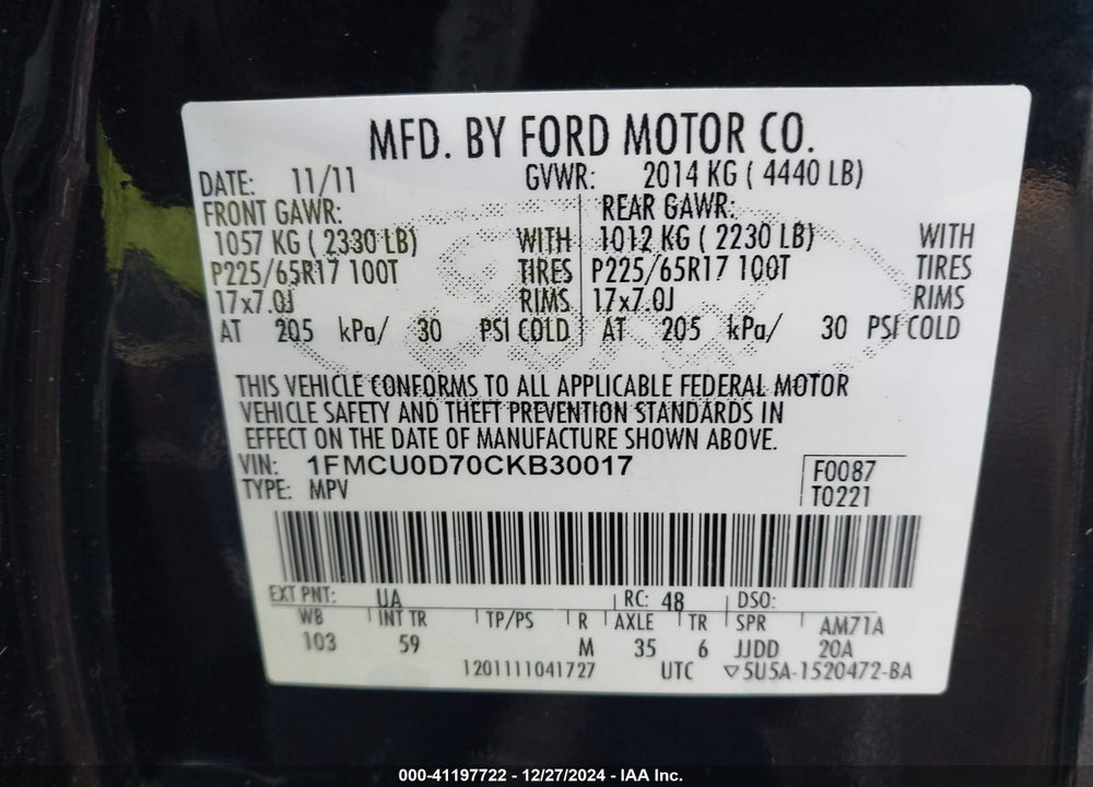 2012 FORD ESCAPE XLT VIN: 1FMCU0D70CKB30017