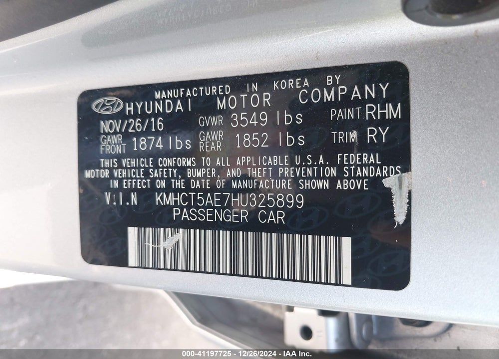 2017 HYUNDAI ACCENT SE VIN: KMHCT5AE7HU325899
