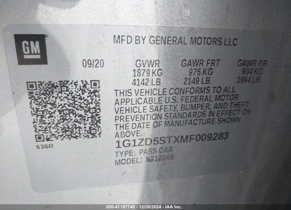 2021 CHEVROLET MALIBU VIN: 1G1ZD5STXMF009283