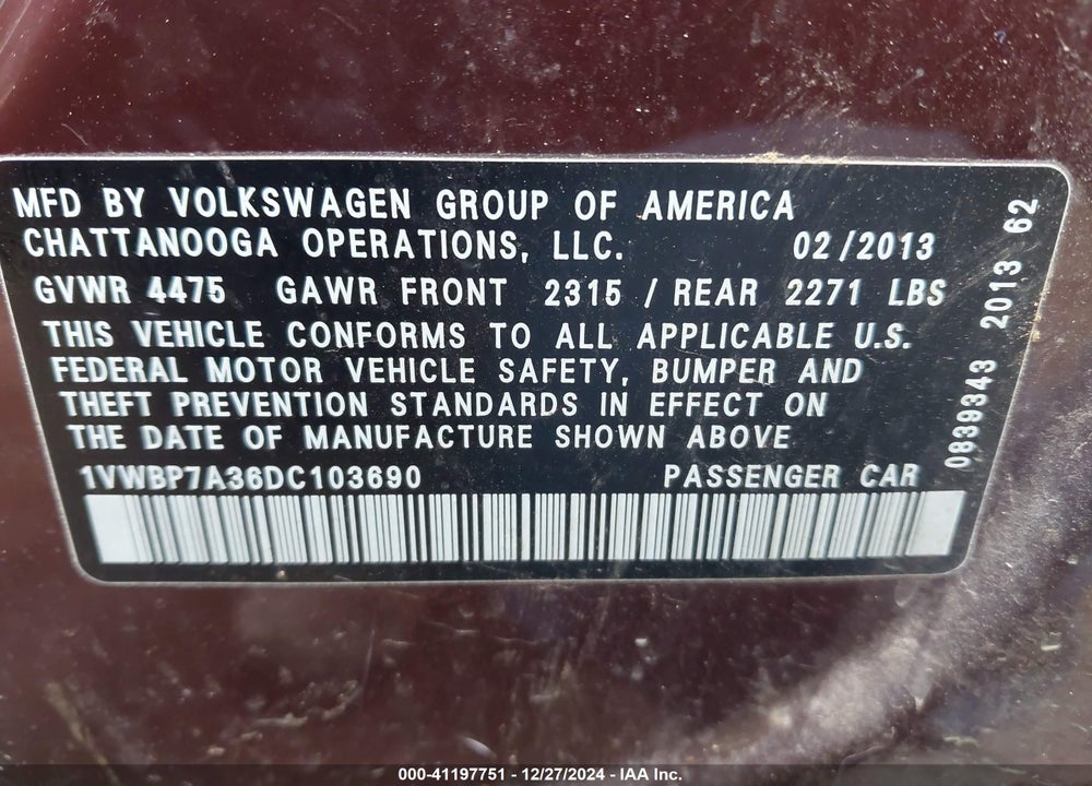2013 VOLKSWAGEN PASSAT 2.5L SE VIN: 1VWBP7A36DC103690