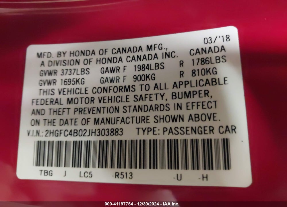 2018 HONDA CIVIC VIN: 2HGFC4B02JH303883