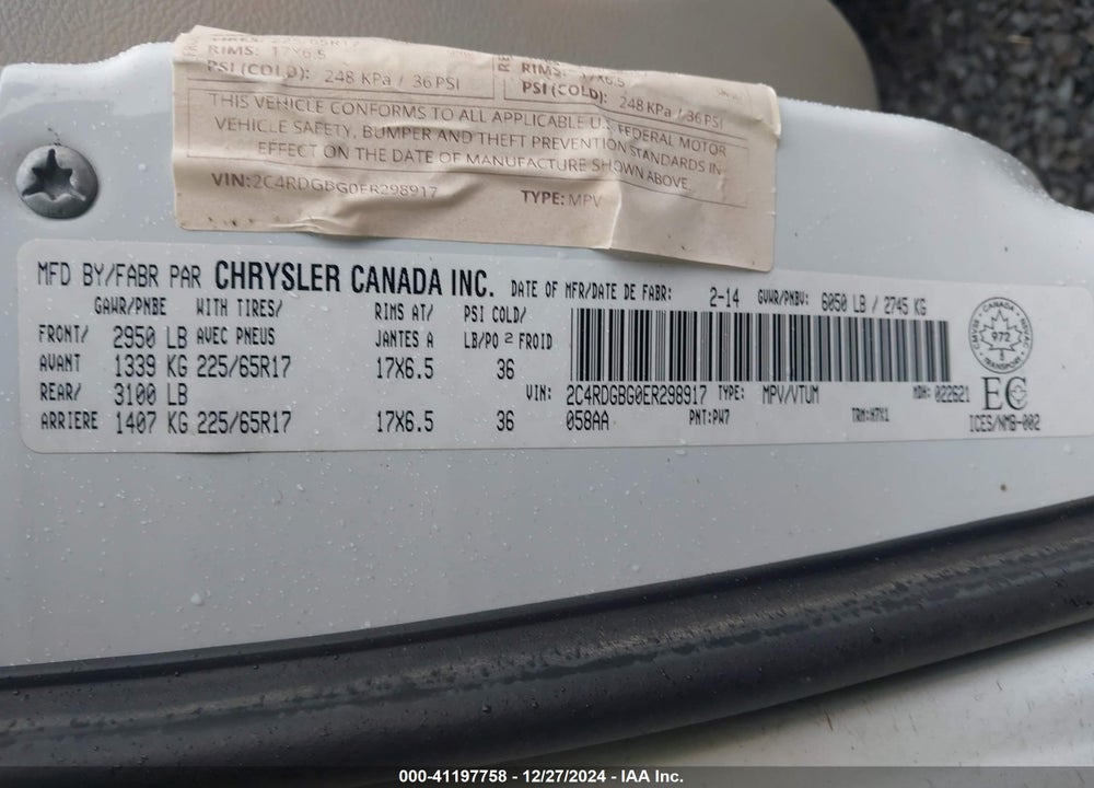 2014 DODGE GRAND CARAVAN SE/SXT VIN: 2C4RDGBG0ER298917