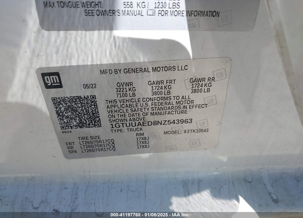 2022 GMC SIERRA 1500 4WD SHORT BOX PRO VIN: 1GTUUAED8NZ543963