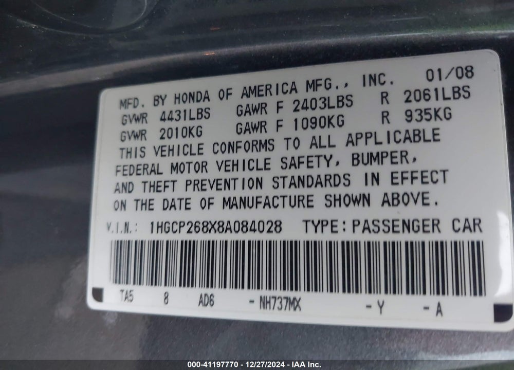 2008 HONDA ACCORD 2.4 EX-L VIN: 1HGCP268X8A084028