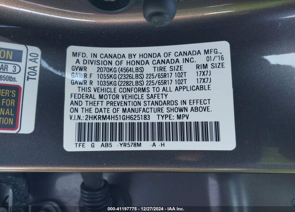 2016 HONDA CR-V EX VIN: 2HKRM4H51GH625183