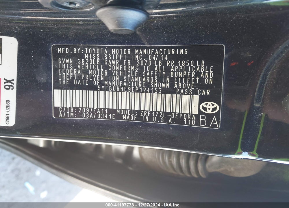 2014 TOYOTA COROLLA VIN: 5YFBURHE9EP124153
