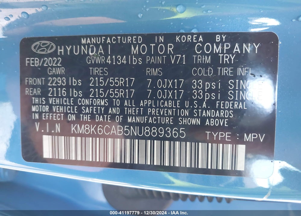 2022 HYUNDAI KONA SEL VIN: KM8K6CAB5NU889365