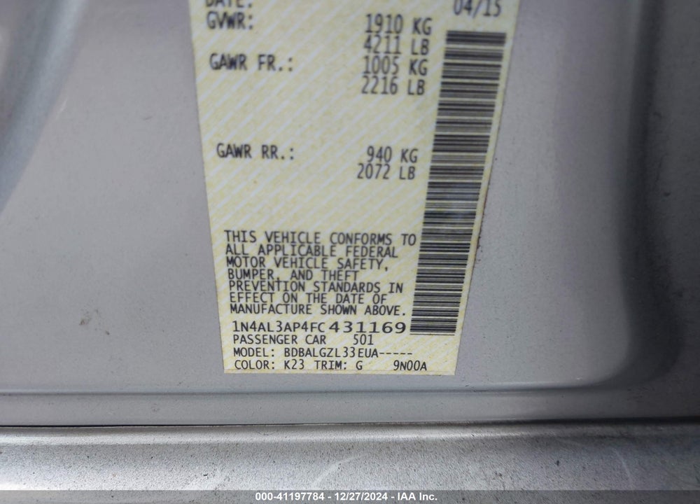 2015 NISSAN ALTIMA VIN: 1N4AL3AP4FC431169