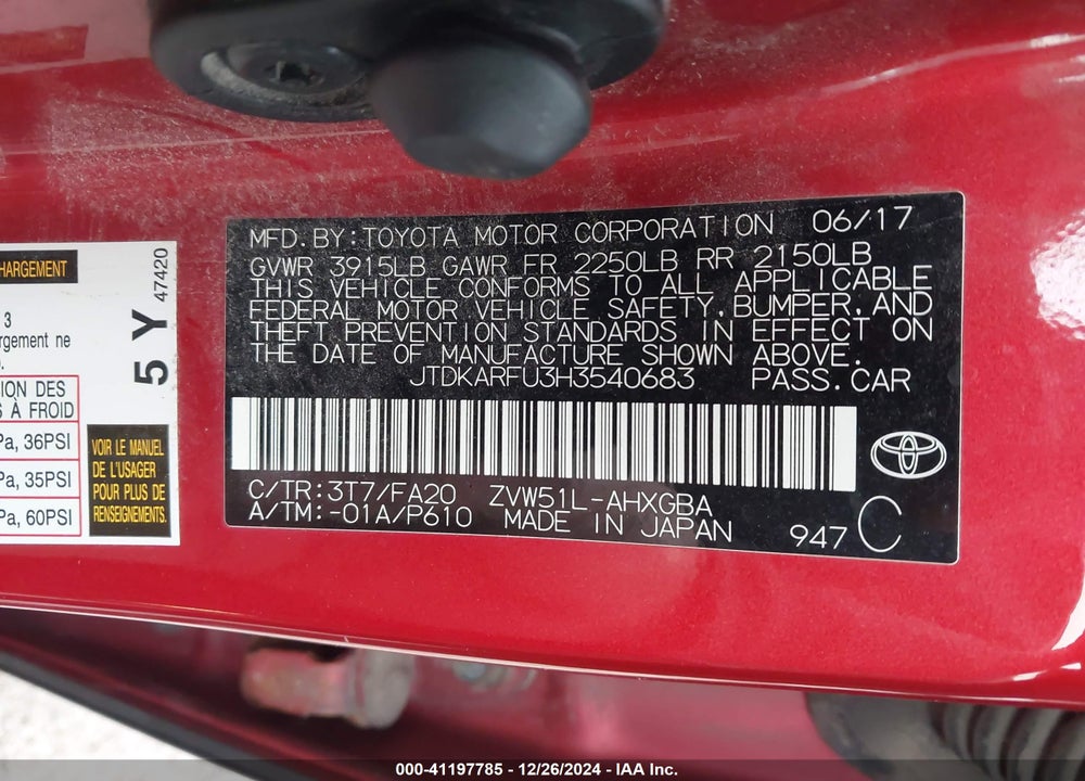 2017 TOYOTA PRIUS VIN: JTDKARFU3H3540683