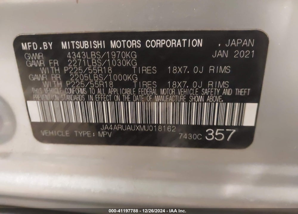 2021 MITSUBISHI OUTLANDER SPORT 2.0 BE AWC/2.0 ES AWC/2.0 LE AWC/2.0 SE AWC VIN: JA4ARUAUXMU018162