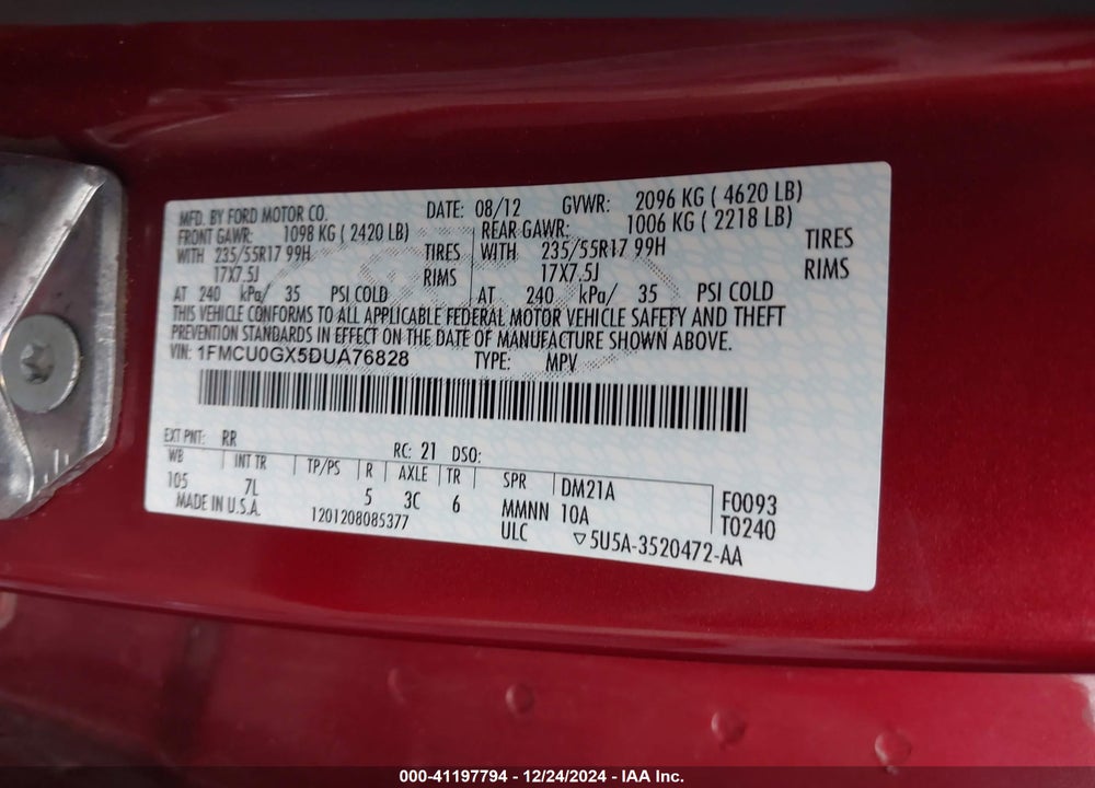 2013 FORD ESCAPE SE VIN: 1FMCU0GX5DUA76828