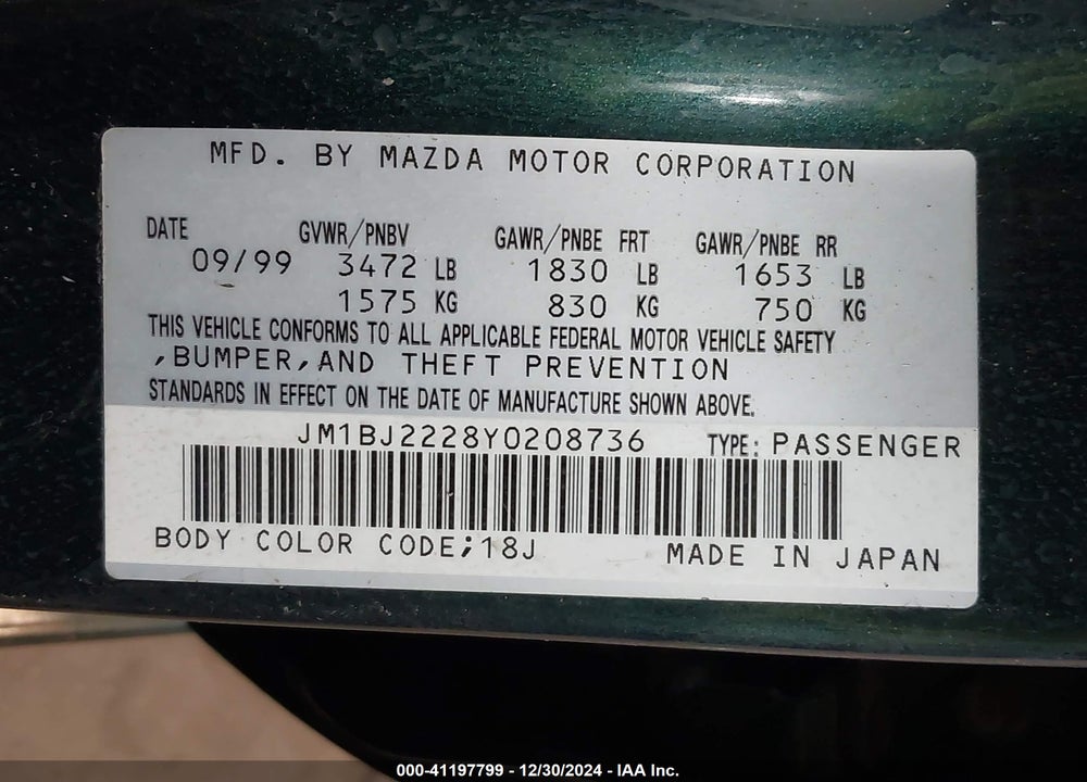 2000 MAZDA PROTEGE DX/LX VIN: JM1BJ2228Y0208736