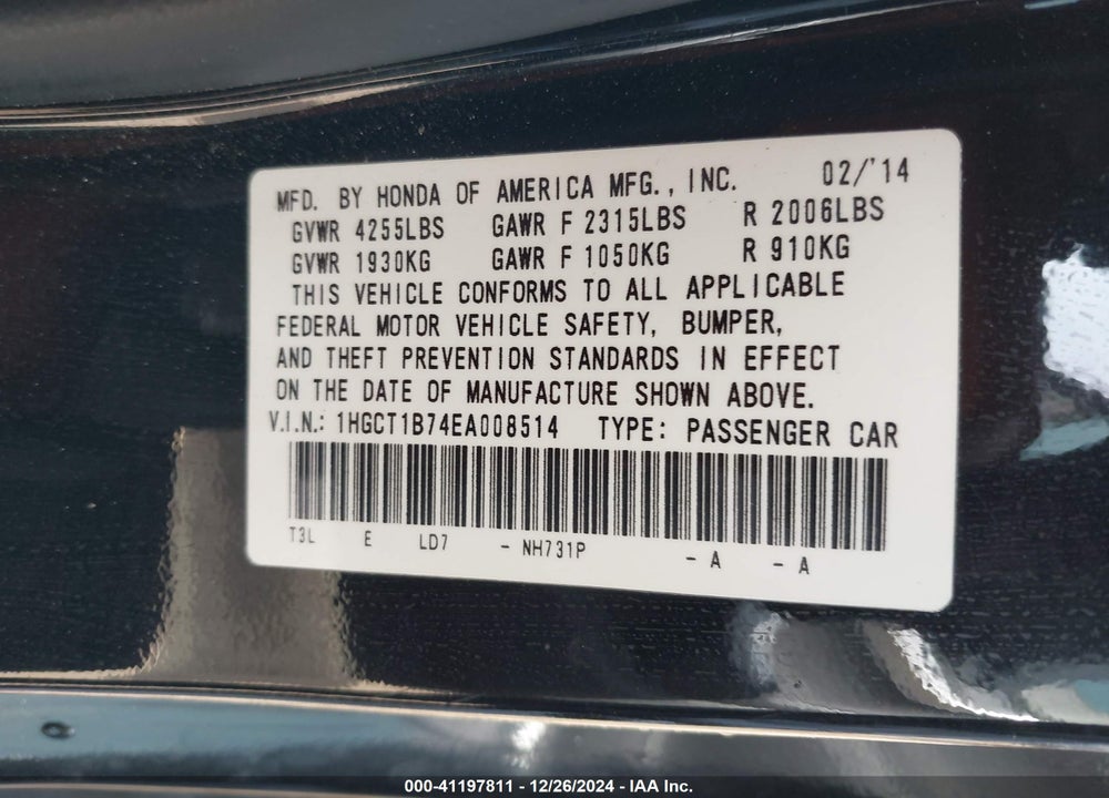 2014 HONDA ACCORD EX VIN: 1HGCT1B74EA008514