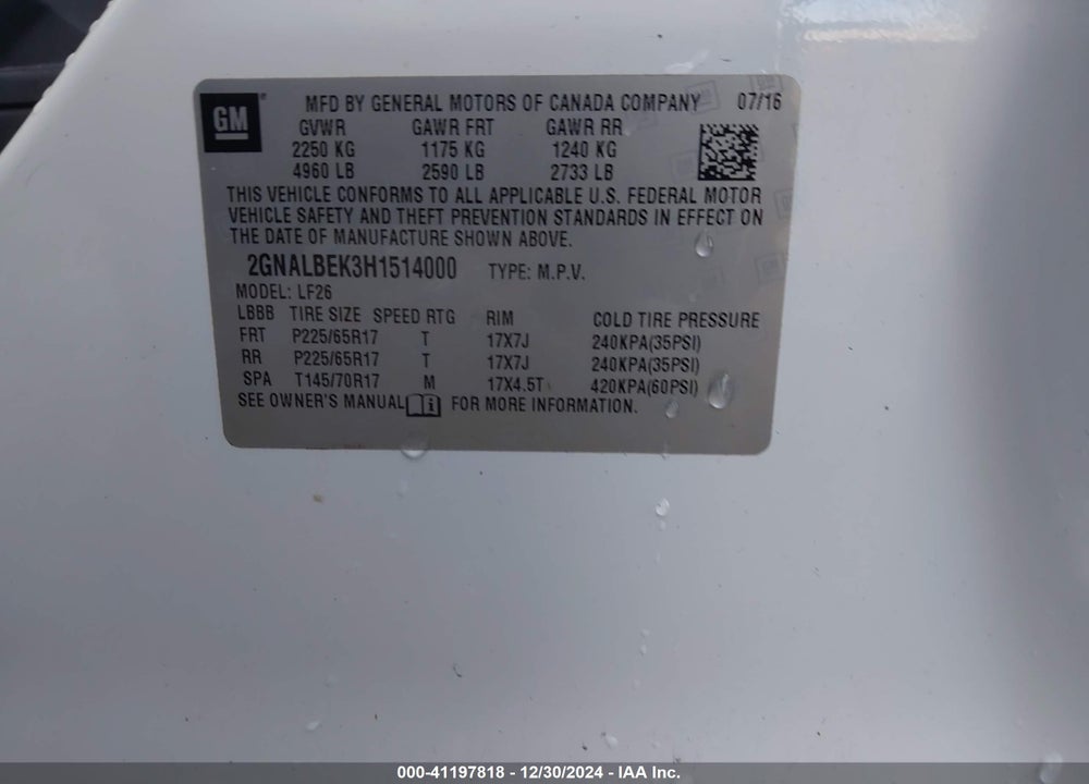 2017 CHEVROLET EQUINOX VIN: 2GNALBEK3H1514000