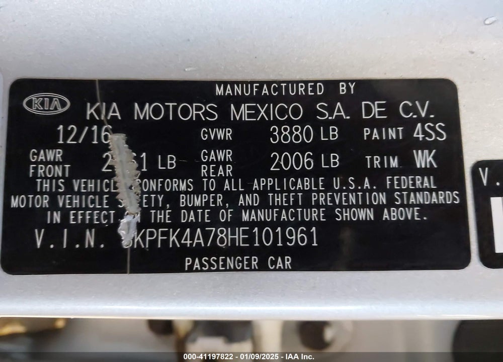 2017 KIA FORTE LX VIN: 3KPFK4A78HE101961