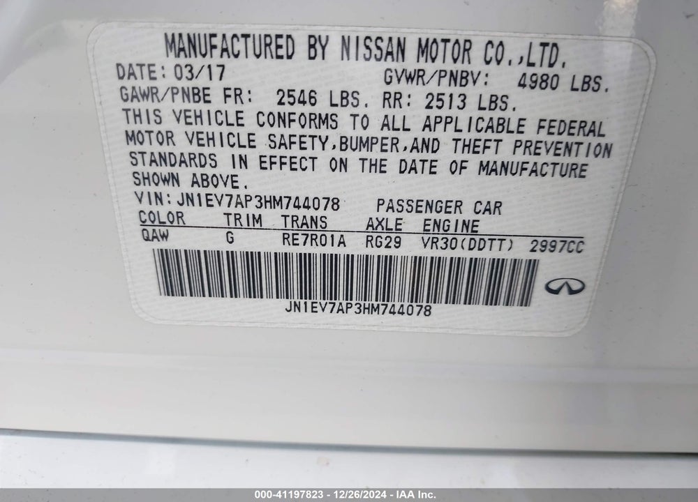 2017 INFINITI Q50 VIN: JN1EV7AP3HM744078