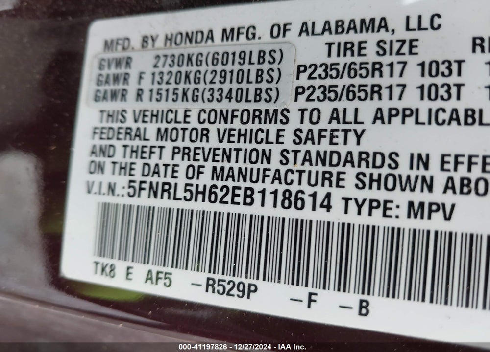 2014 HONDA ODYSSEY EX-L VIN: 5FNRL5H62EB118614