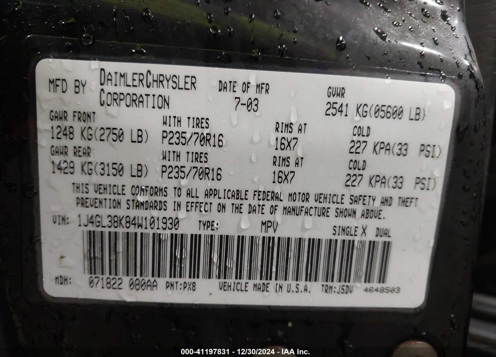 2004 JEEP LIBERTY RENEGADE VIN: 1J4GL38K84W101930