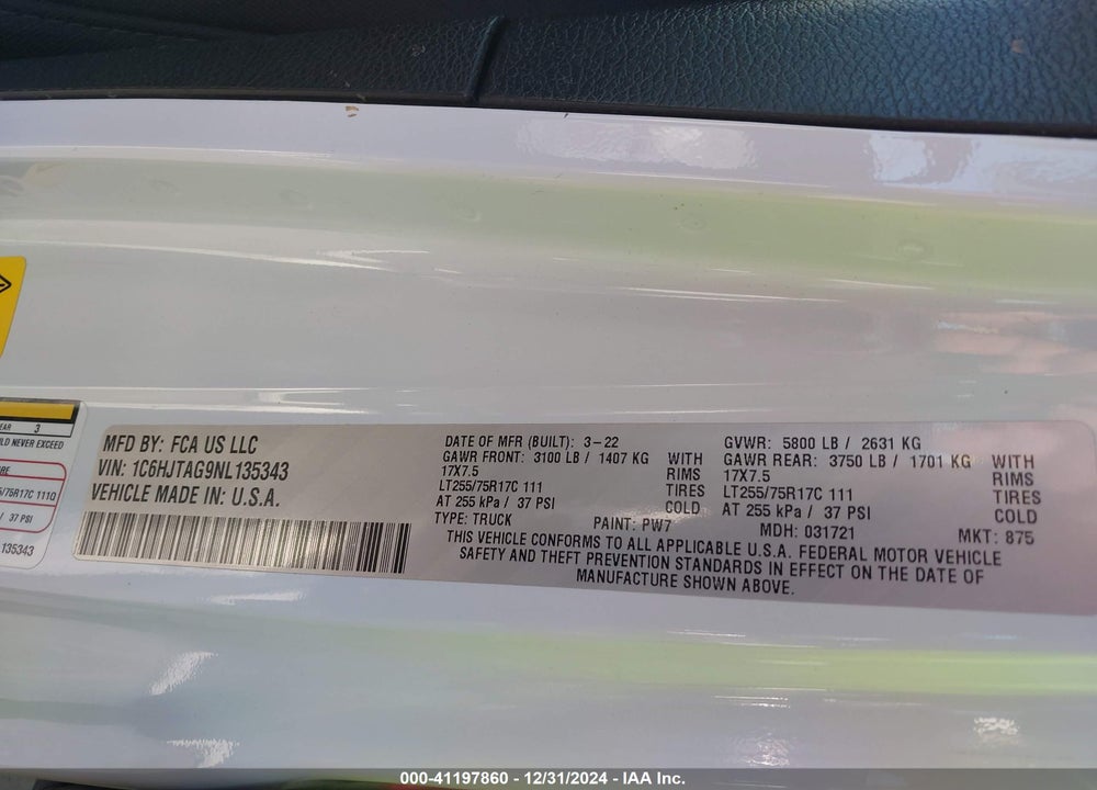 2022 JEEP GLADIATOR WILLYS 4X4 VIN: 1C6HJTAG9NL135343