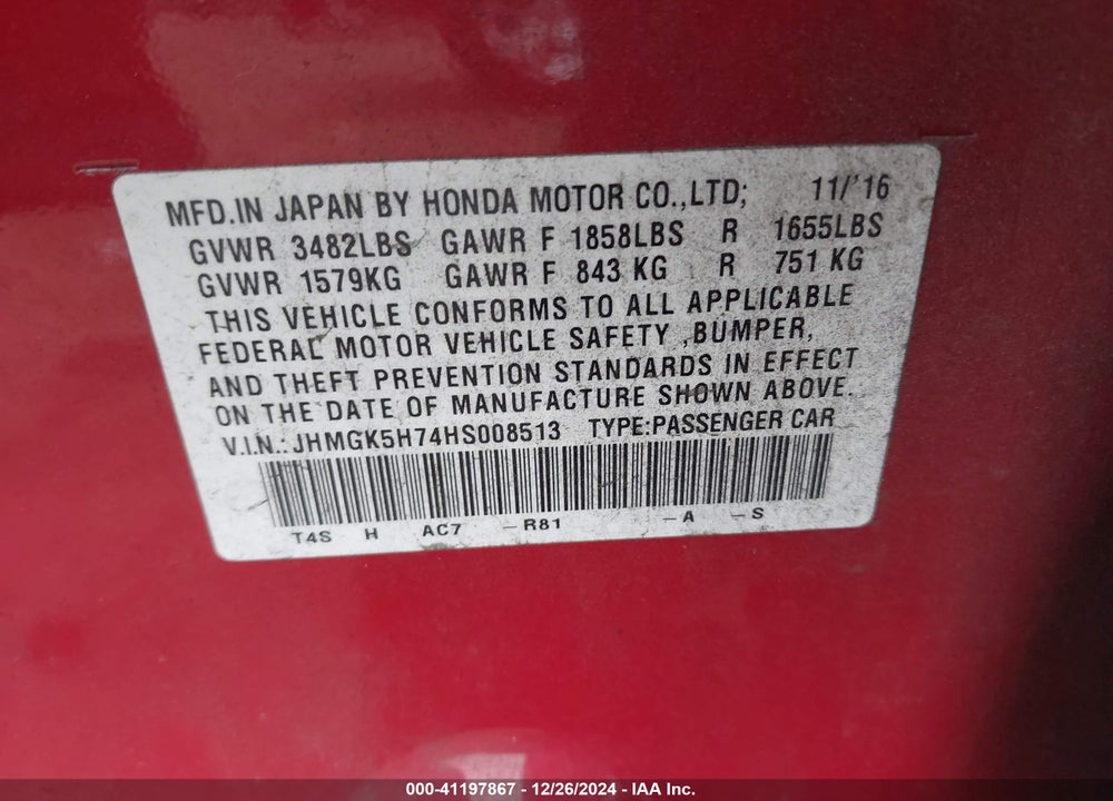 2017 HONDA FIT VIN: JHMGK5H74HS008513