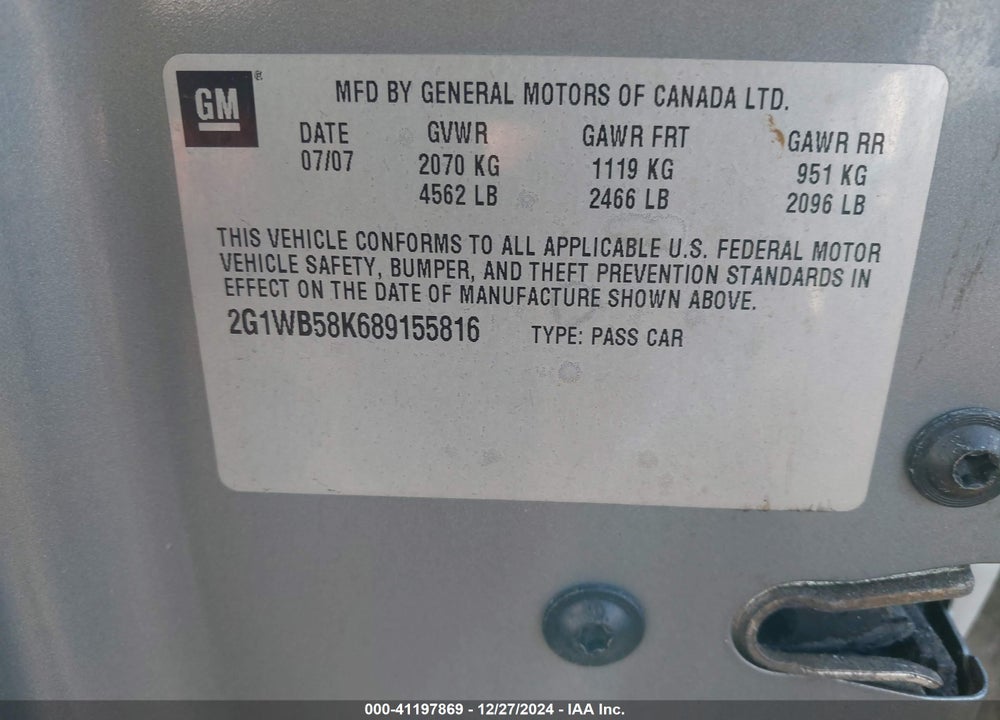 2008 CHEVROLET IMPALA LS VIN: 2G1WB58K689155816