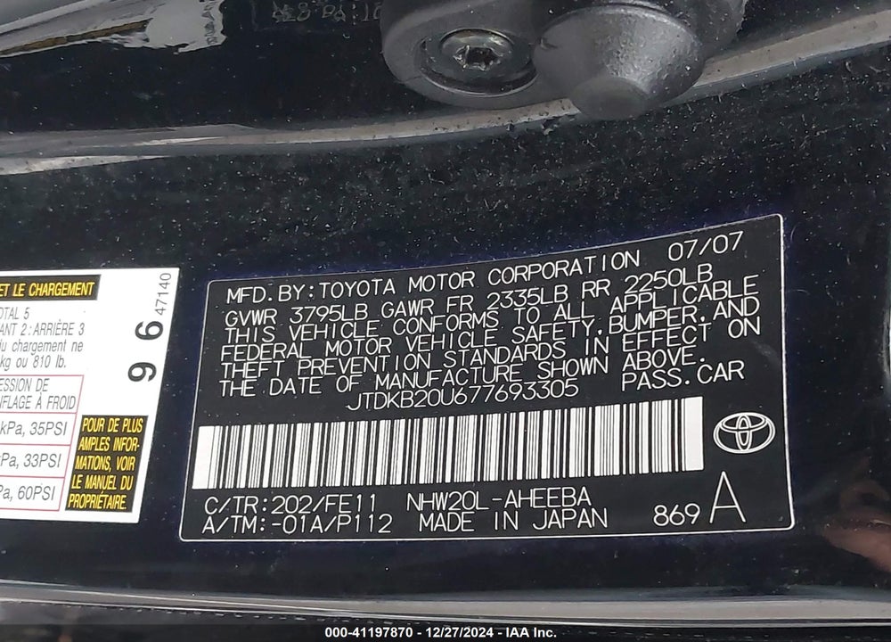 2007 TOYOTA PRIUS TOURING VIN: JTDKB20U677693305