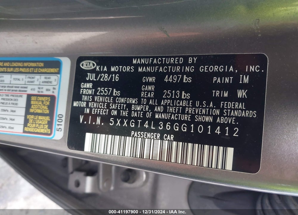 2016 KIA OPTIMA LX VIN: 5XXGT4L36GG101412