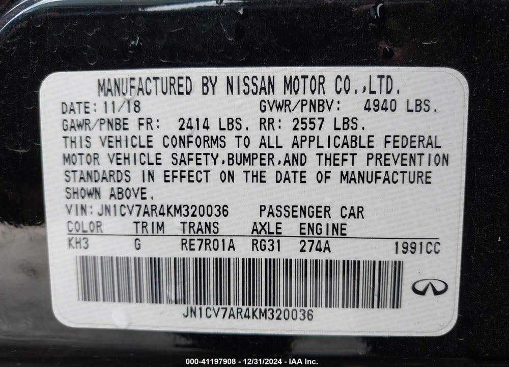 2019 INFINITI Q50 2.0T PURE VIN: JN1CV7AR4KM320036
