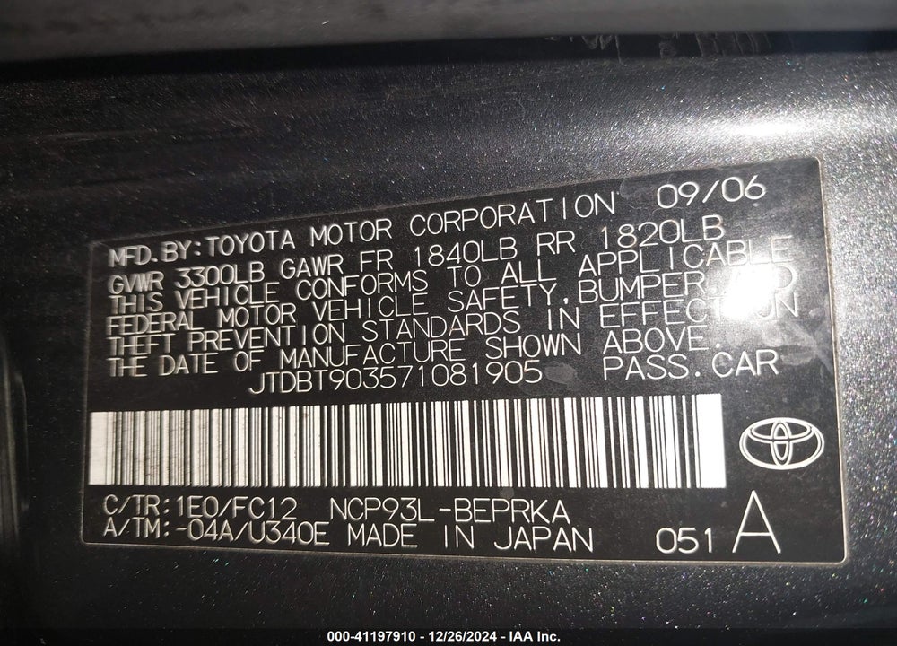 2007 TOYOTA YARIS VIN: JTDBT903571081905