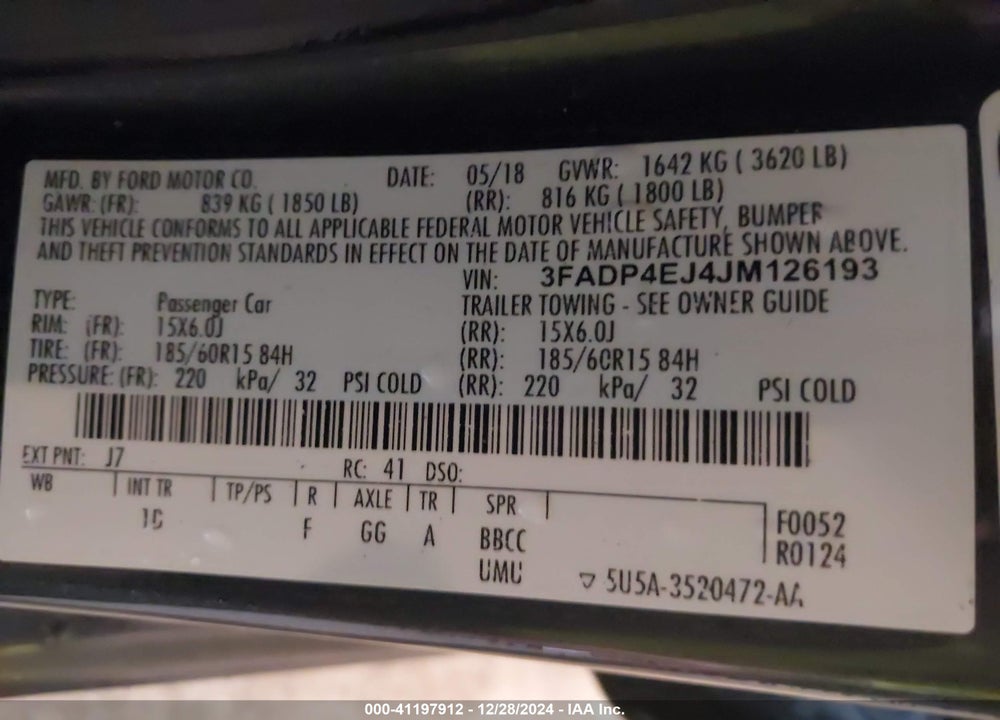 2018 FORD FIESTA SE VIN: 3FADP4EJ4JM126193
