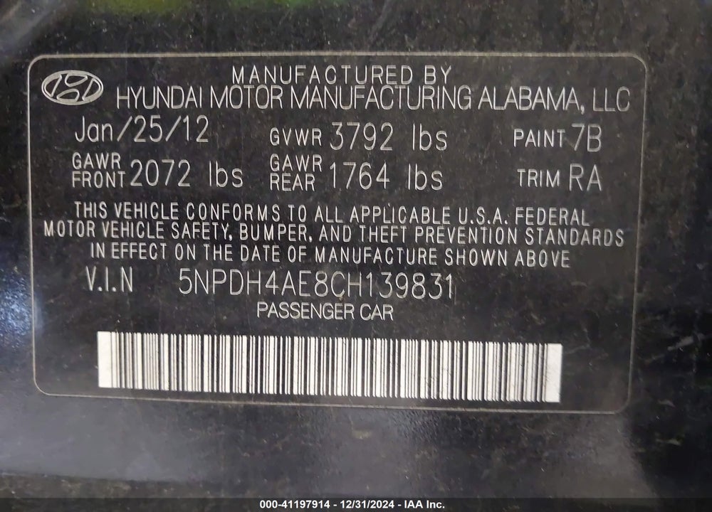 2012 HYUNDAI ELANTRA VIN: 5NPDH4AE8CH139831