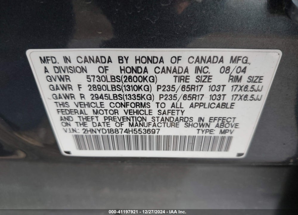 2004 ACURA MDX VIN: 2HNYD18874H553697