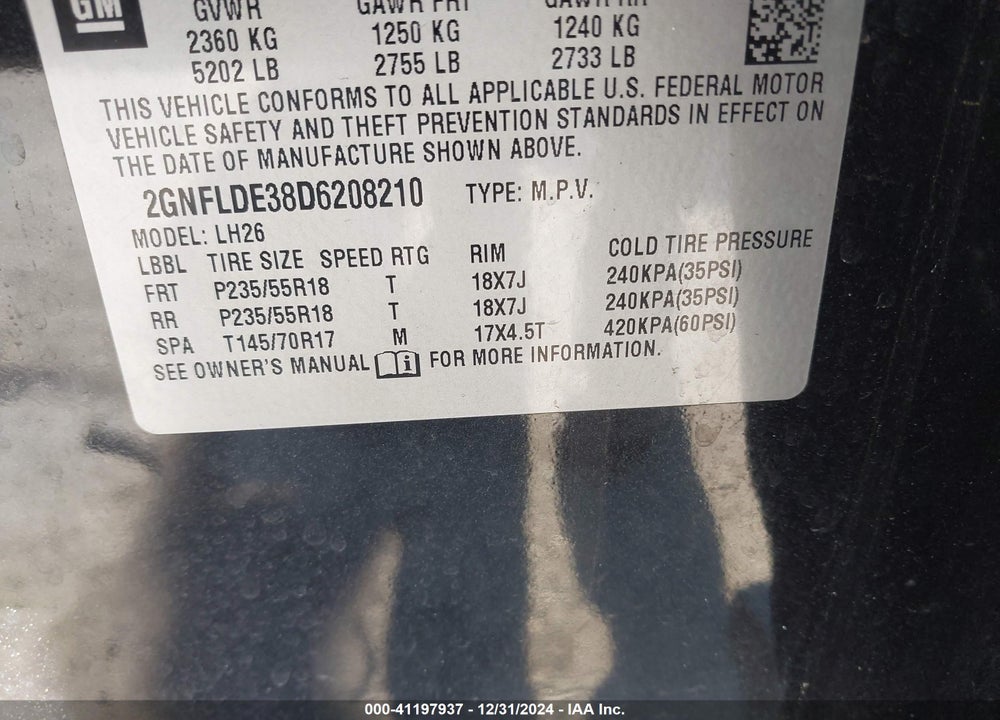 2013 CHEVROLET EQUINOX 1LT VIN: 2GNFLDE38D6208210