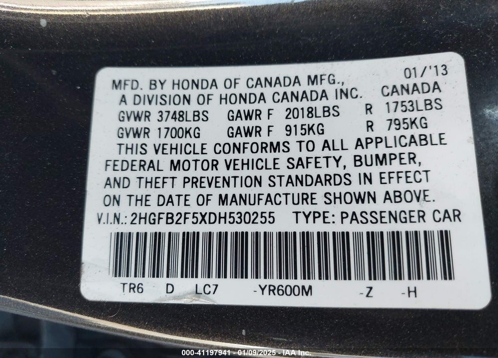 2013 HONDA CIVIC VIN: 2HGFB2F5XDH530255
