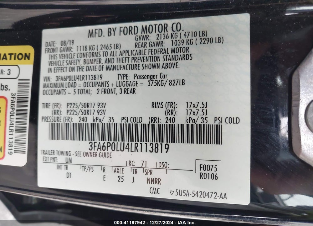 2020 FORD FUSION HYBRID SE VIN: 3FA6P0LU4LR113819