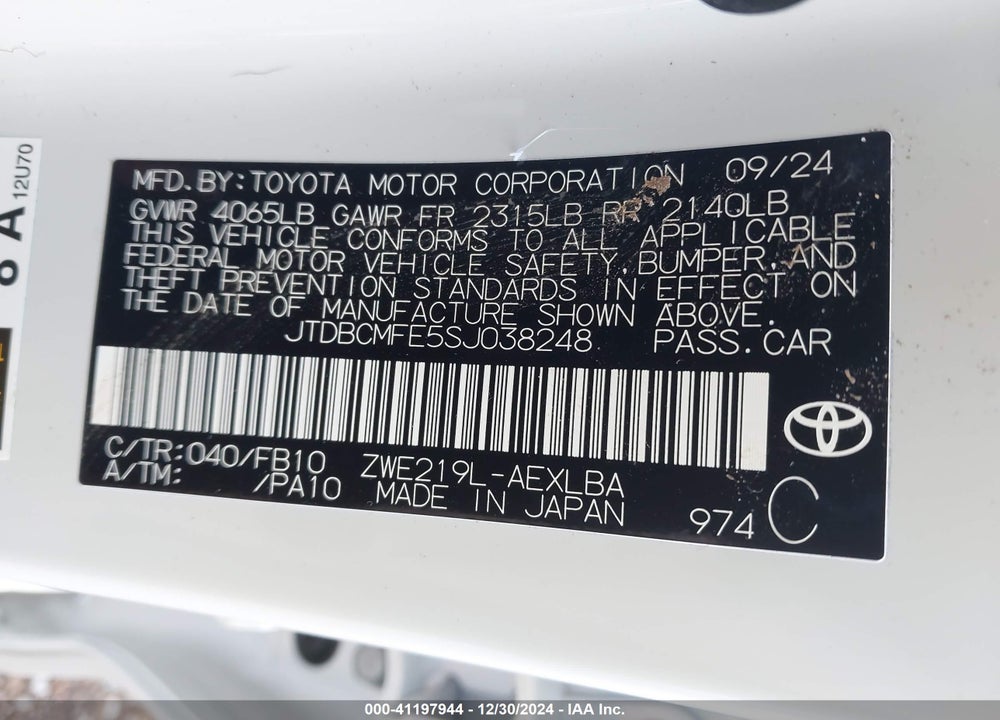 2025 TOYOTA COROLLA HYBRID LE VIN: JTDBCMFE5SJ038248