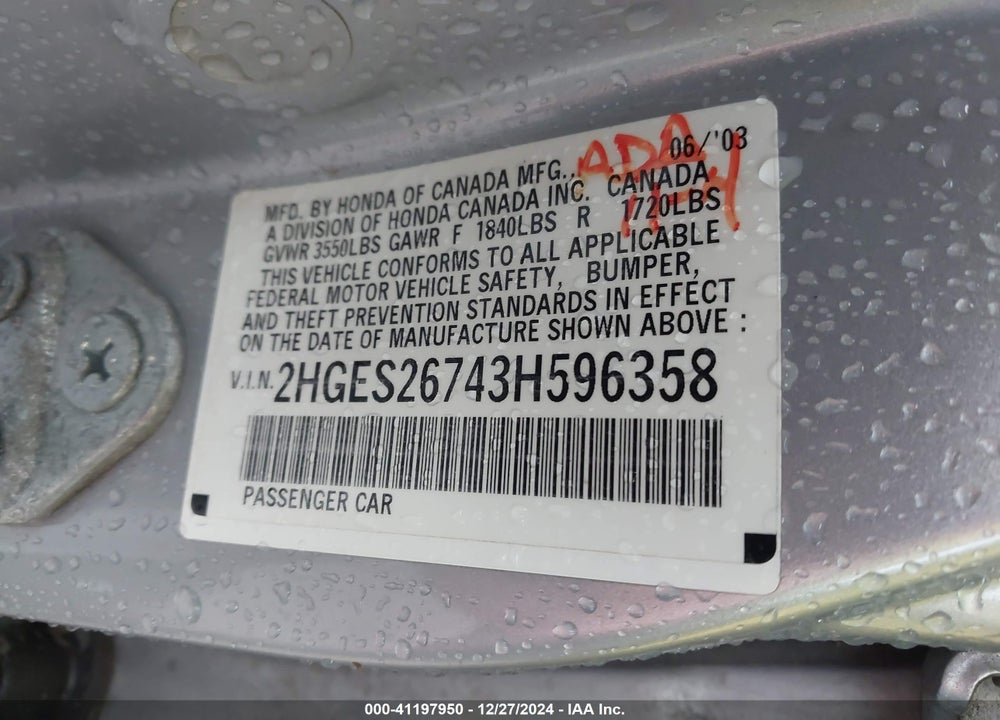 2003 HONDA CIVIC EX VIN: 2HGES26743H596358