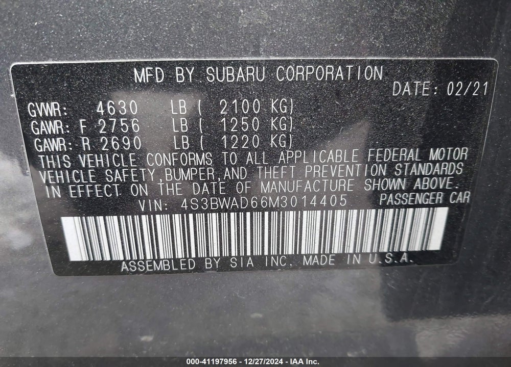 2021 SUBARU LEGACY VIN: 4S3BWAD66M3014405