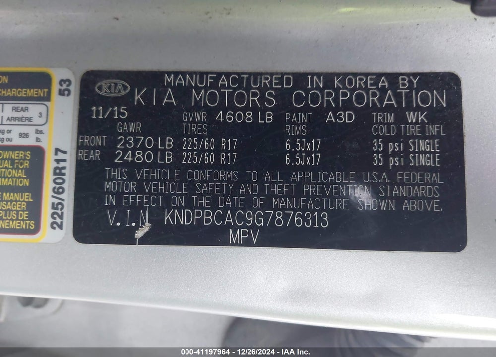 2016 KIA SPORTAGE LX VIN: KNDPBCAC9G7876313