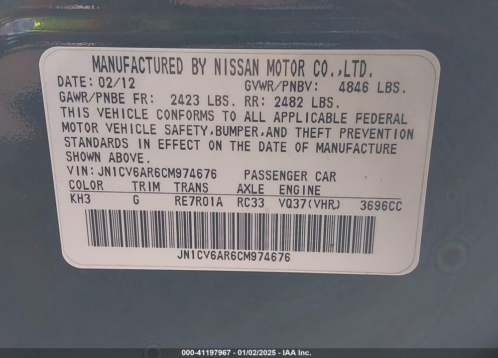2012 INFINITI G37 VIN: JN1CV6AR6CM974676