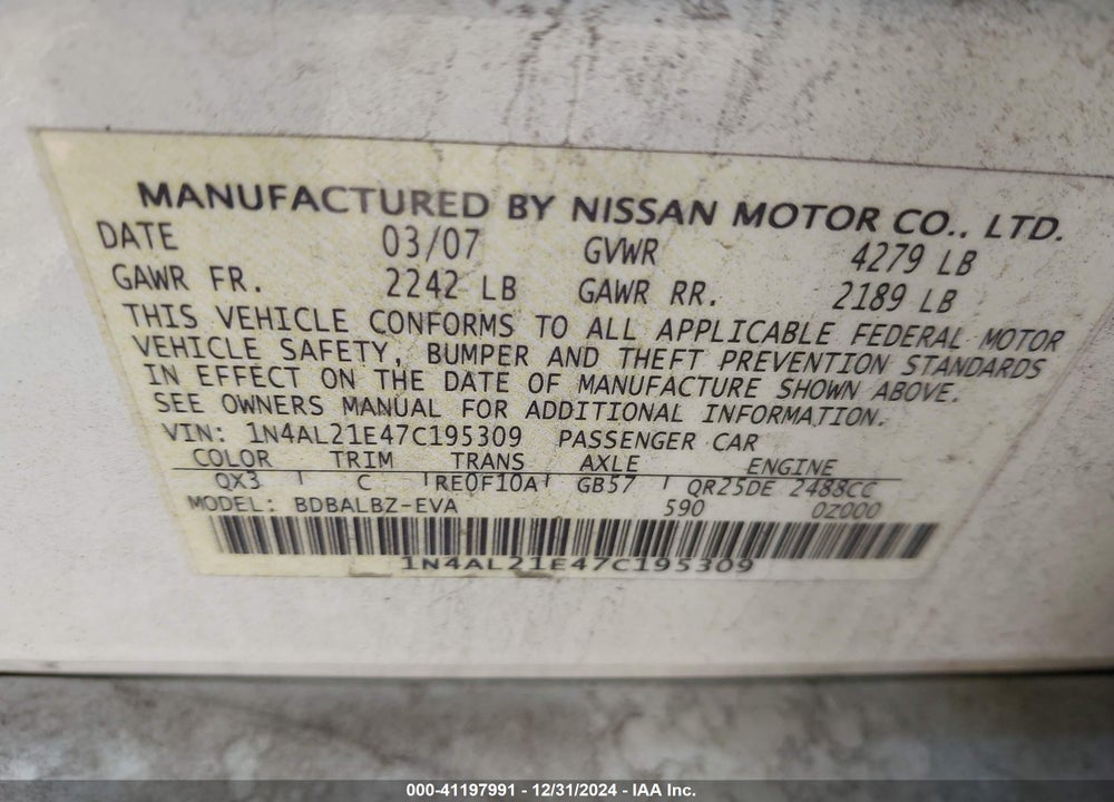 2007 NISSAN ALTIMA 2.5 S VIN: 1N4AL21E47C195309