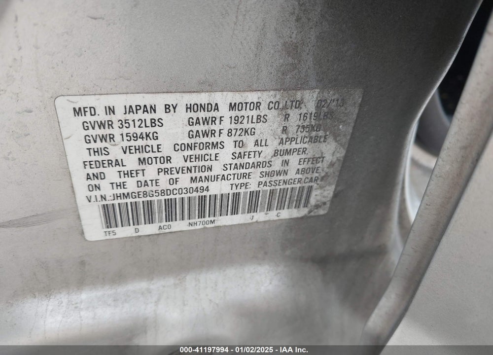 2013 HONDA FIT VIN: JHMGE8G58DC030494