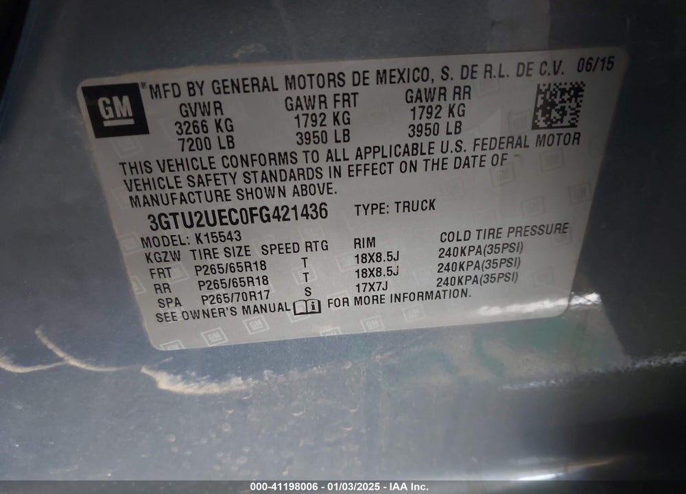 2015 GMC SIERRA 1500 SLE VIN: 3GTU2UEC0FG421436