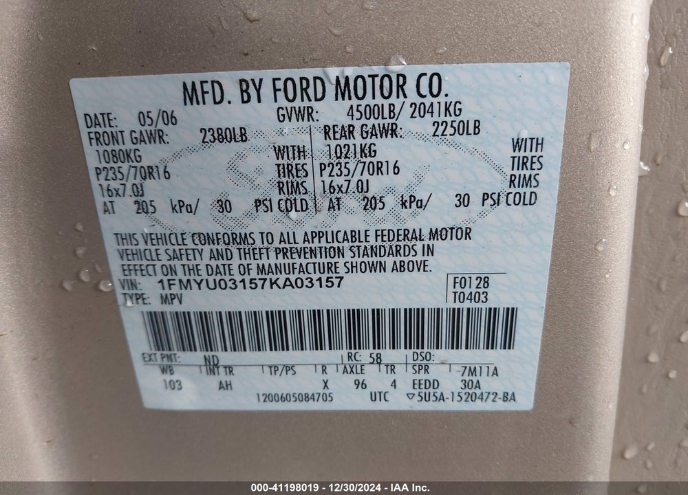 2007 FORD ESCAPE XLT/XLT SPORT VIN: 1FMYU03157KA03157