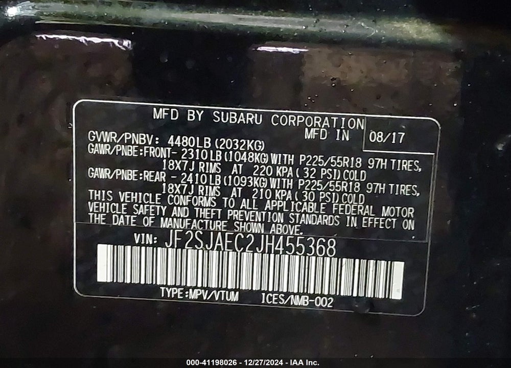2018 SUBARU FORESTER 2.5I PREMIUM VIN: JF2SJAEC2JH455368