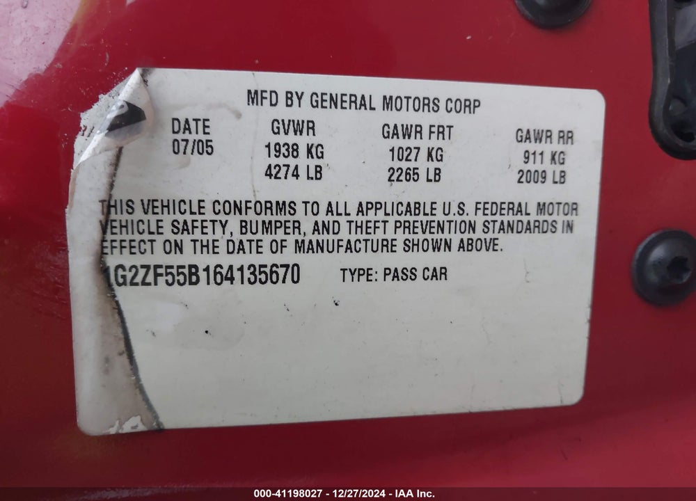2006 PONTIAC G6 VIN: 1G2ZF55B164135670