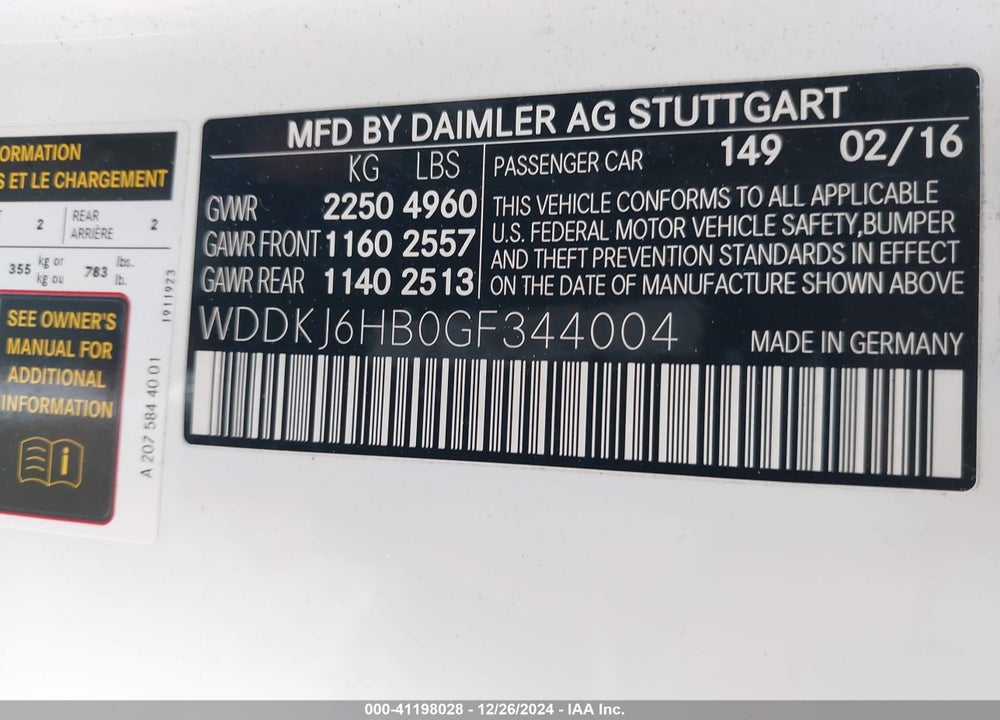 2016 MERCEDES-BENZ E 400 VIN: WDDKJ6HB0GF344004