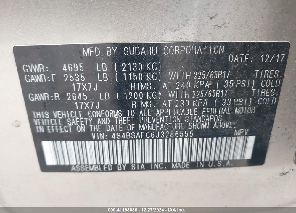 2018 SUBARU OUTBACK 2.5I PREMIUM VIN: 4S4BSAFC6J3286555