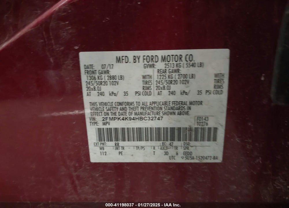 2017 FORD EDGE TITANIUM VIN: 2FMPK4K94HBC32747
