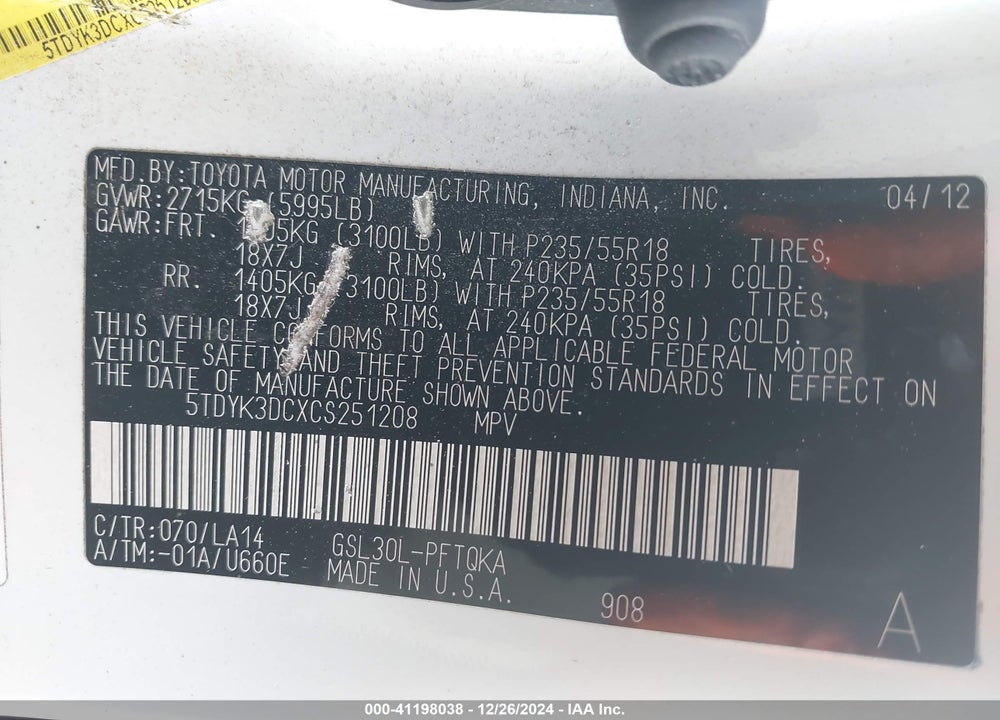 2012 TOYOTA SIENNA XLE LIMITED VIN: 5TDYK3DCXCS251208